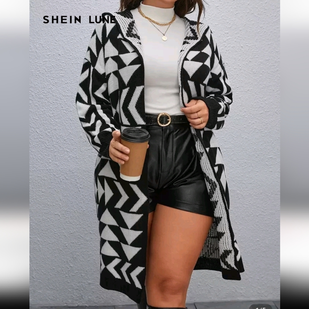 SHEIN LUNE Plus Geo Pattern Hooded Duster Cardigan